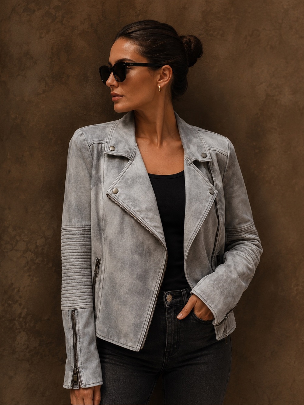 Anthropologie Marrakech Women’s taupe faux Suede Moto Jacket